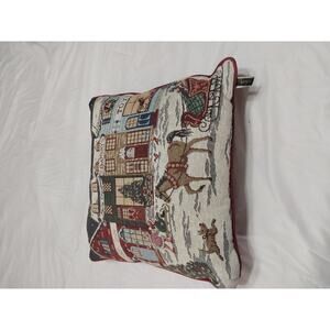Tapestry Winter Village With Horsevand Sleigh Scene Throw Pillow Size 18x18